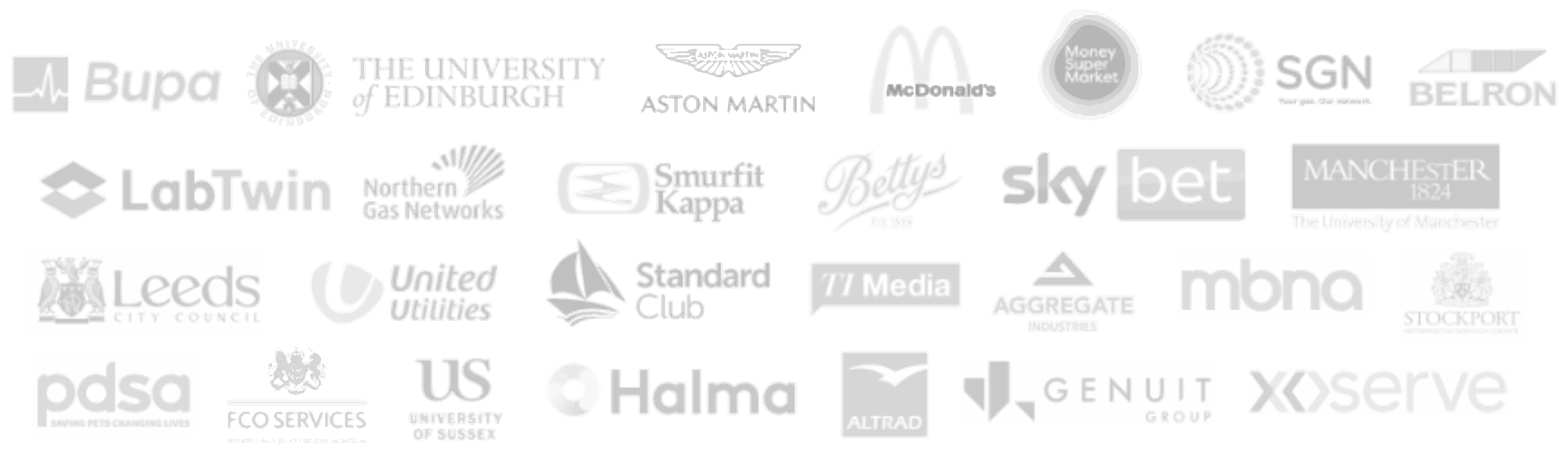 Logos of organisations HiveMind Network has worked with, including Bupa, The University of Edinburgh, Aston Martin, McDonald's, SGN, Sky Bet, United Utilities and Halma